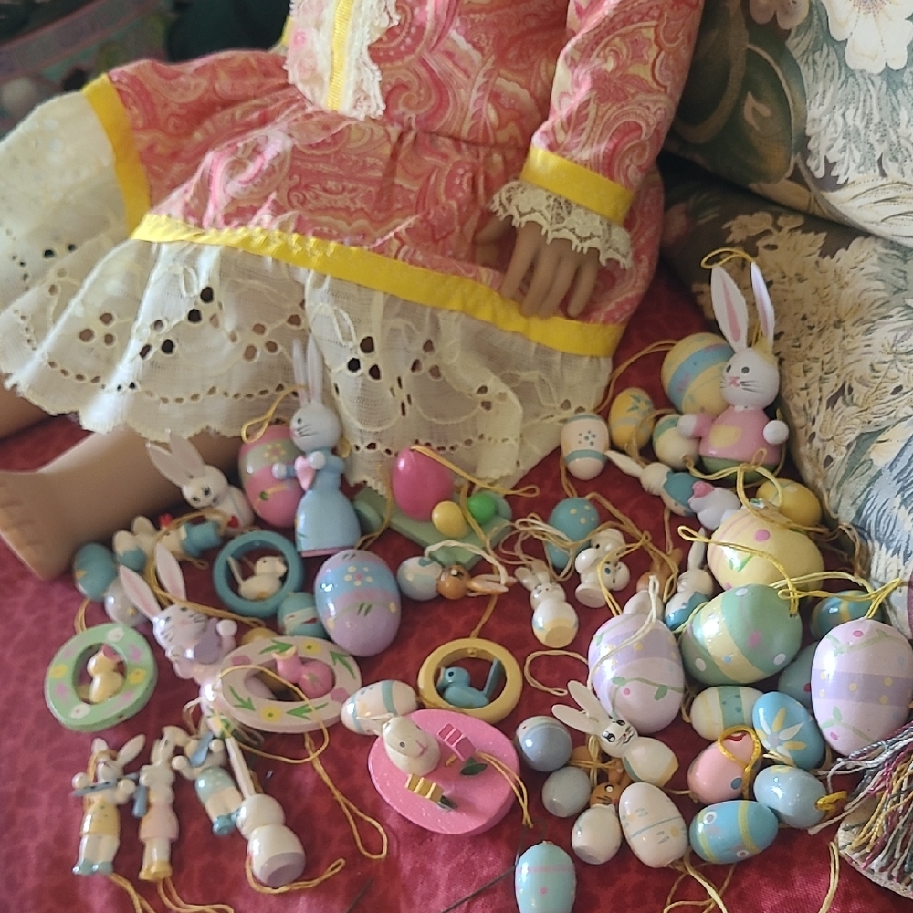 Easter Bunny and Pastel  Wooden Egg Hanging 50 Ornaments - Pink, Blue, Yellow